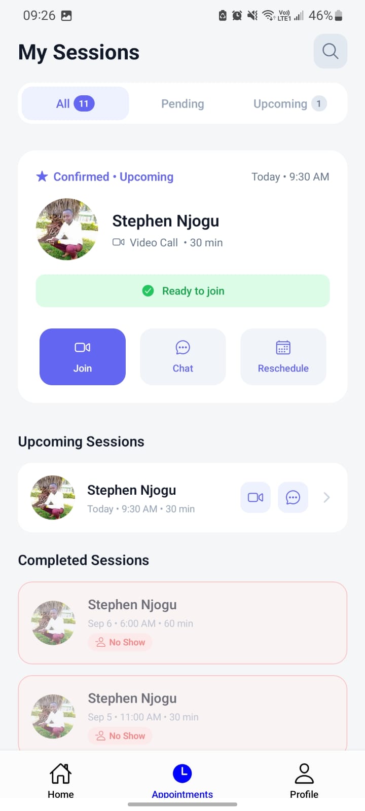 My Sessions screen in the Carnaan app